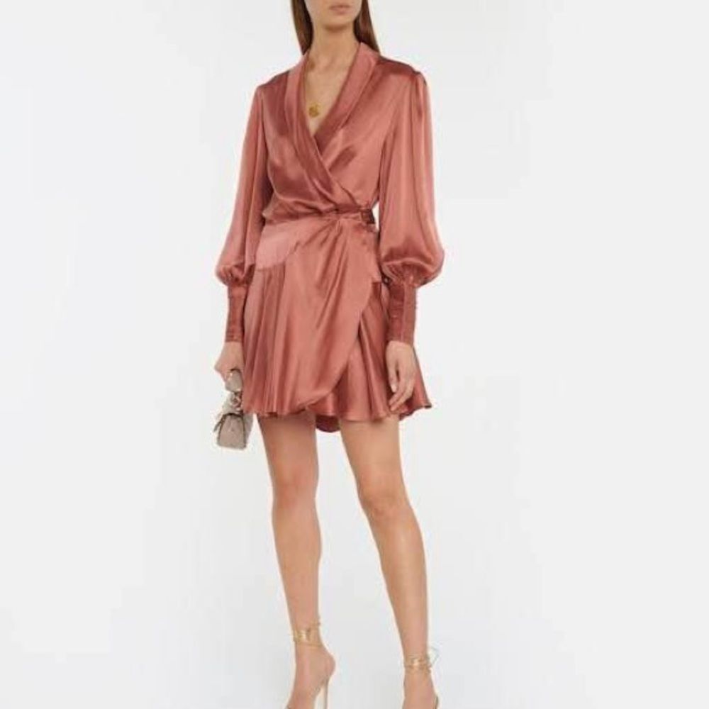 Zimmermann 100% Silk Wrap Long Sleeve Mini Dress in Dusty Rose Pink - 0